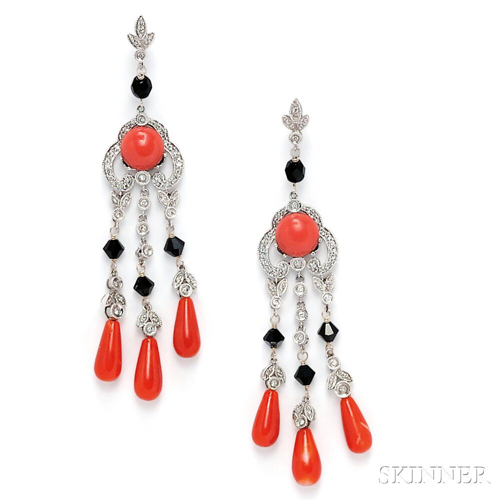 Appraisal: kt White Gold Coral and Onyx Earpendants set with a