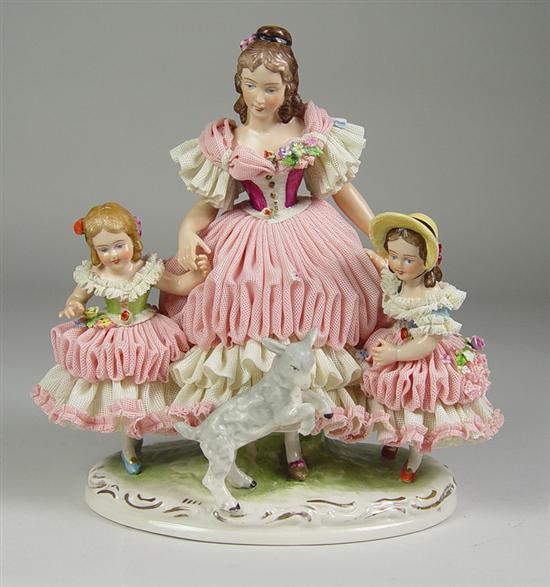 Appraisal: Dresden Lady with Children Goat Three figures on grassy base