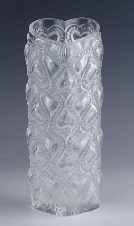 Appraisal: Lalique French Art Glass Intertwined Heart Vase Crafted of fine