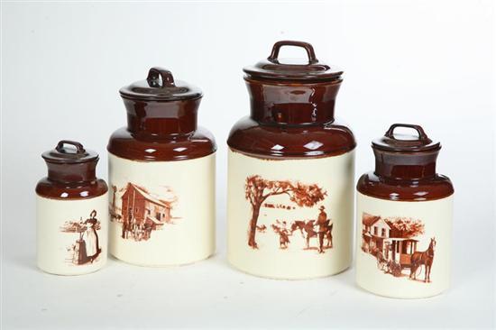 Appraisal: FOUR GRADUATED MCCOY JARS Covered jars in brown and cream