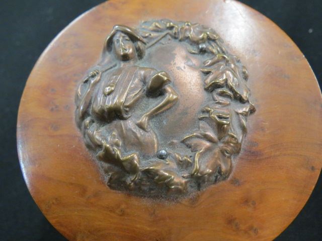 Appraisal: Burl Wood Bronze Box Art Nouveau maiden on lid diameter