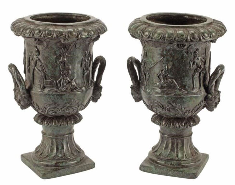 Appraisal: pair Pompeiian style patinated bronze urns approx h diam lbs