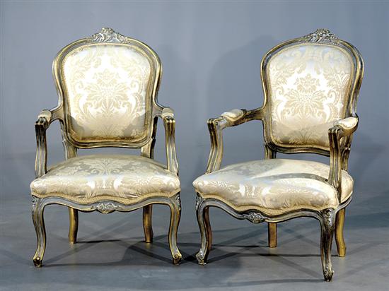 Appraisal: Pair Louis XV style painted carved wood armchairs cartouche-shaped back