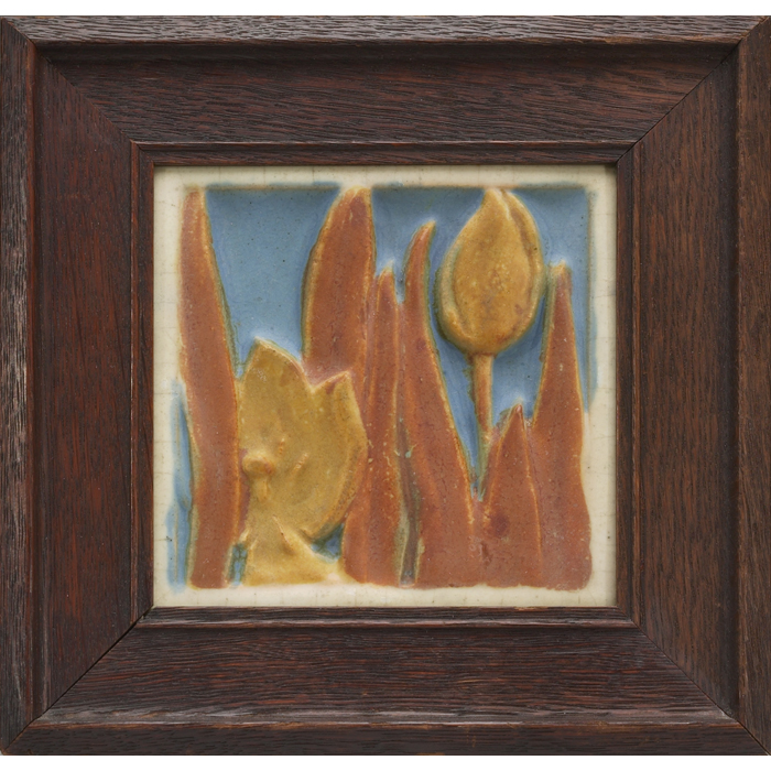 Appraisal: Rookwood Faience tile deeply carved tulips