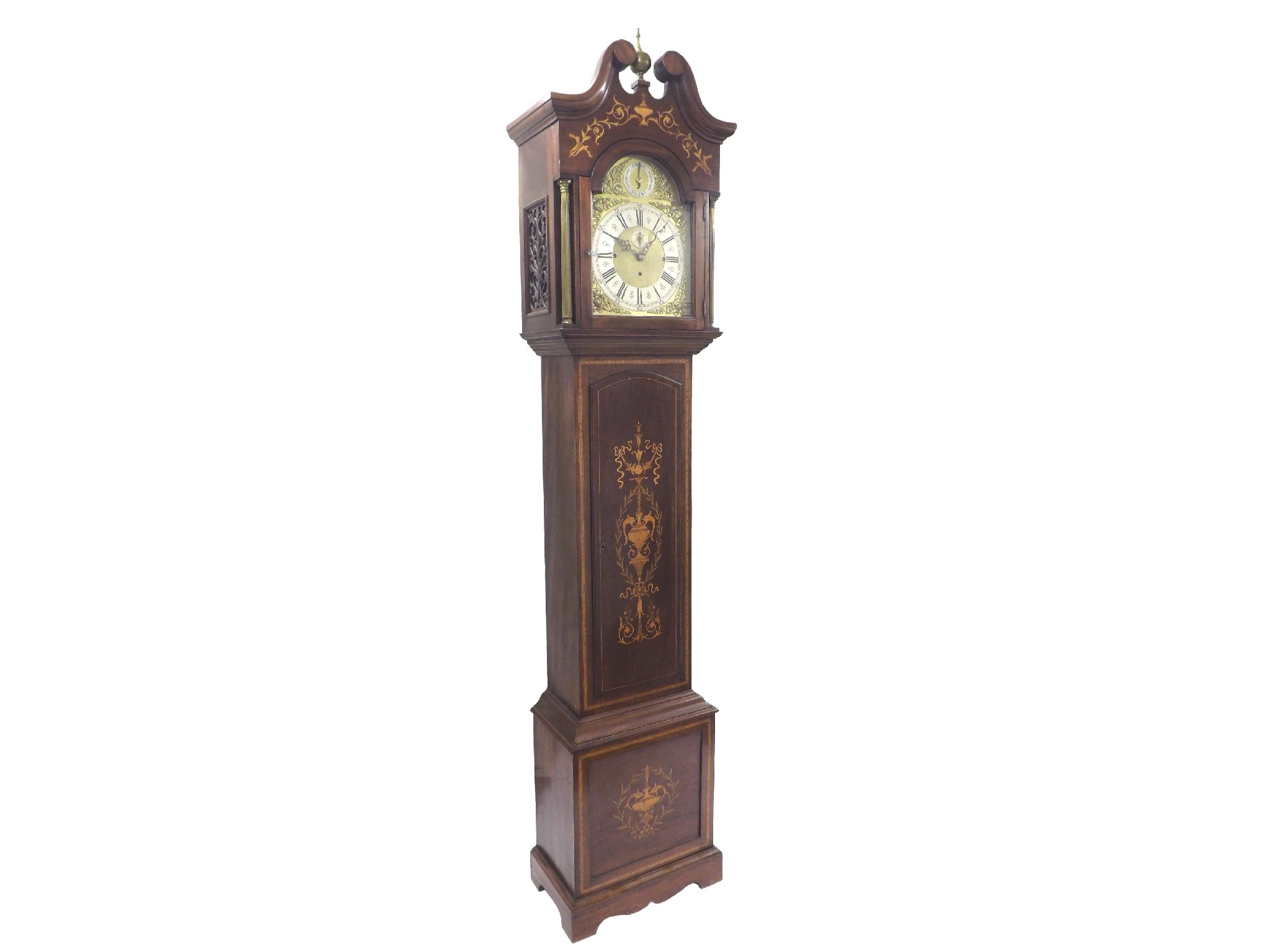 Appraisal: Mahogany inlaid three train musical longcase clock the brass arched