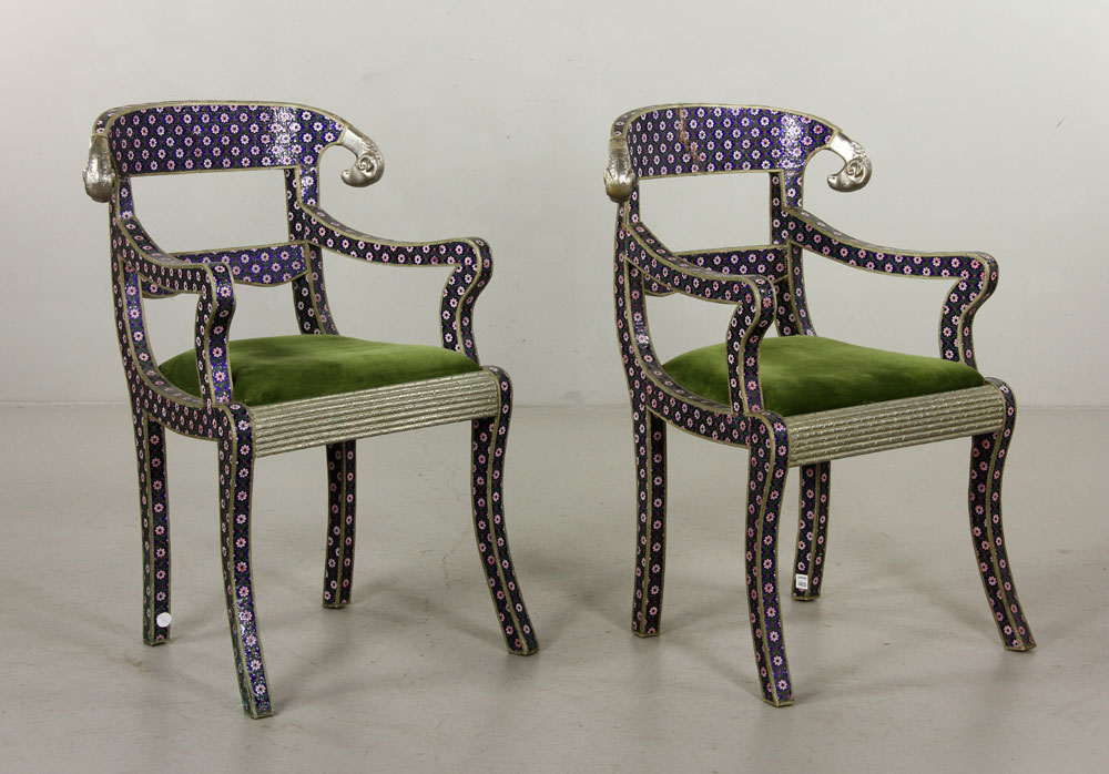 Appraisal: - Pr th C Enamel on Copper Chairs Pair of