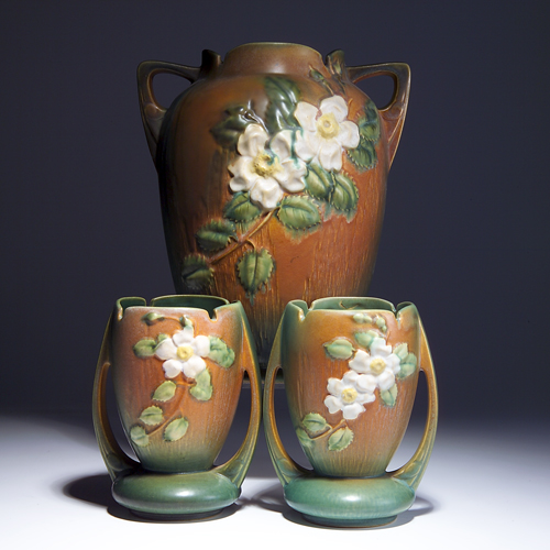 Appraisal: Three ROSEVILLE brown White Rose vases to include one large