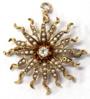 Appraisal: K Gold Diamond Pearl Sunburst Brooch In the form of