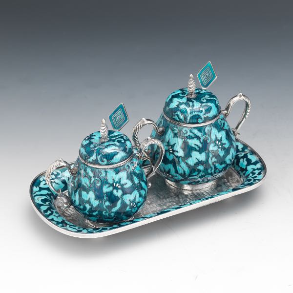 Appraisal: VINTAGE KOREAN SILVER AND GUILLOCHE ENAMEL THREE-PIECE SUGAR SERVICE Three