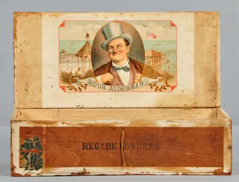 Appraisal: Our Alderman Cigar Box Description Rare and wonderful example Depicting