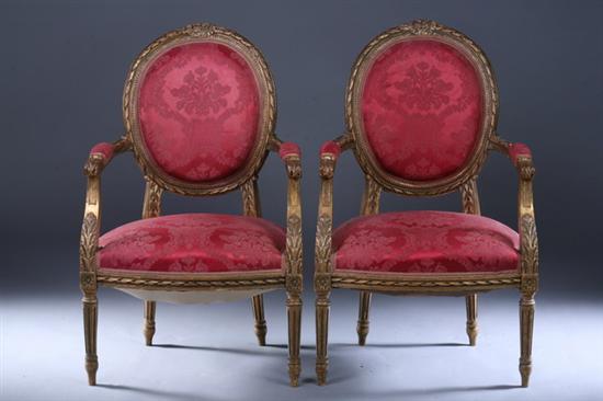 Appraisal: PAIR LOUIS XVI STYLE GILTWOOD FAUTEUILS early th century with