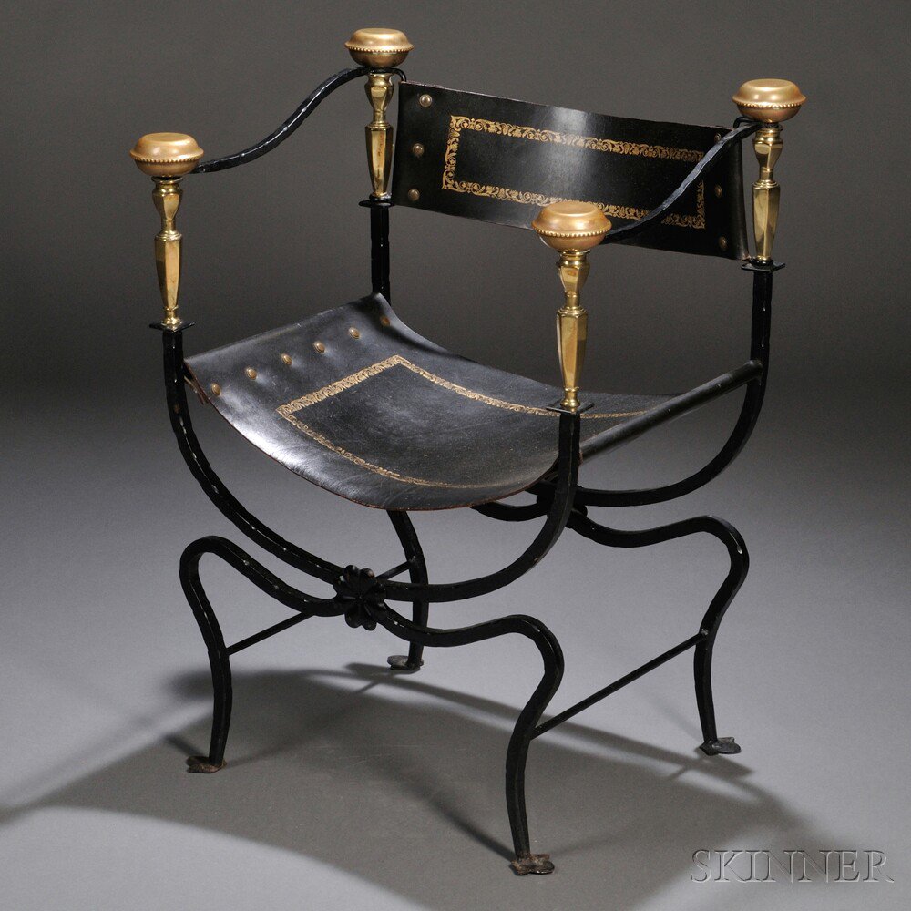 Appraisal: Brass Iron and Leather Curule Armchair early th century the