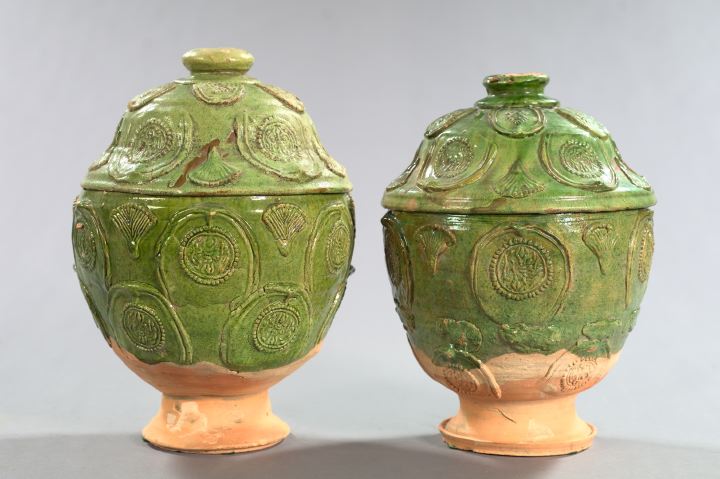 Appraisal: Rare Pair of Yuan Dynasty Apple Green-Glazed Terra Cotta Offering