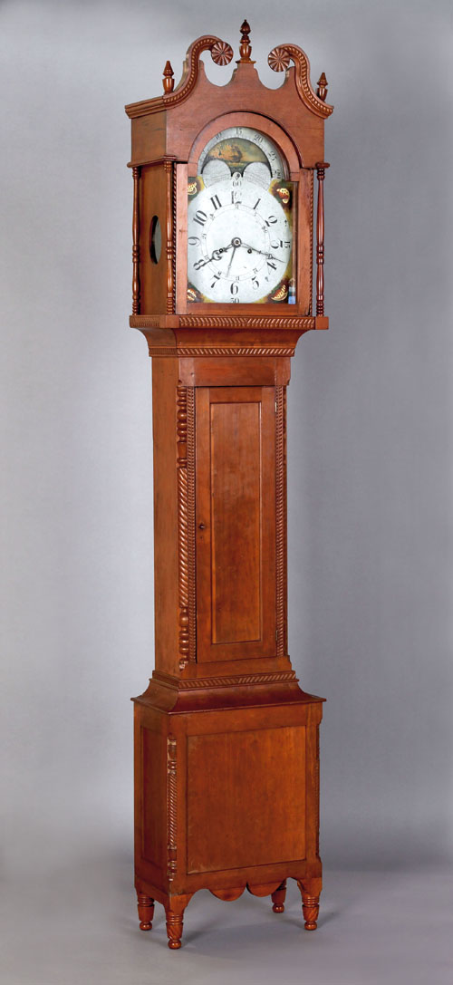 Appraisal: Pennsylvania cherry tall case clock ca the broken arch bonnet