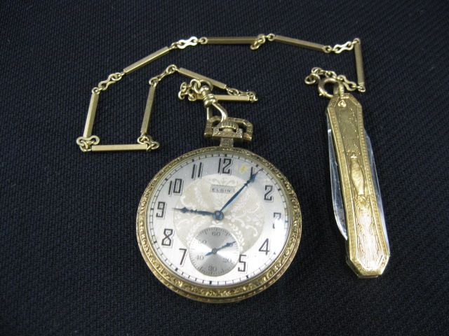 Appraisal: Elgin Pocketwatch with chain K gold pen knife jewels gold-filled