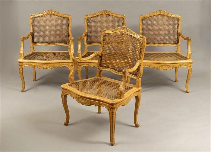 Appraisal: Set of Four R gence-Style Beechwood Fauteuils One cane seat