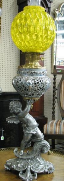 Appraisal: Victorian Figural Banquet Lamp depicting Cupid holding the oil font