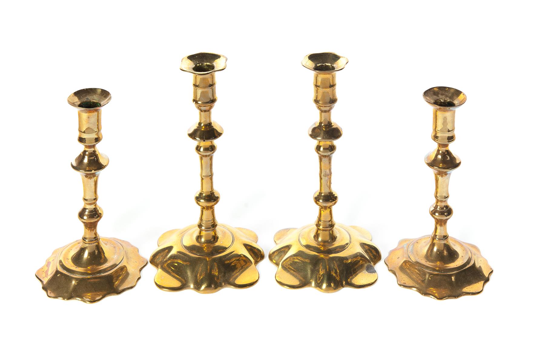 Appraisal: TWO PAIR OF BRASS ENGLISH QUEEN ANNE CANDLESTICKS First half-