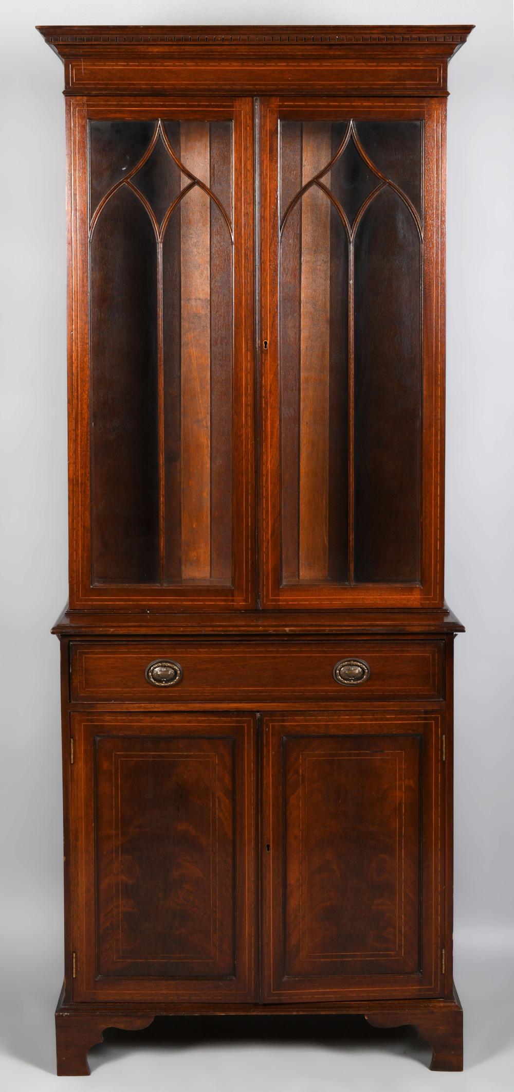 Appraisal: EDWARDIAN INLAID MAHOGANY LIBRARY BOOKCASE EARLY TH CENTURY the dentiled