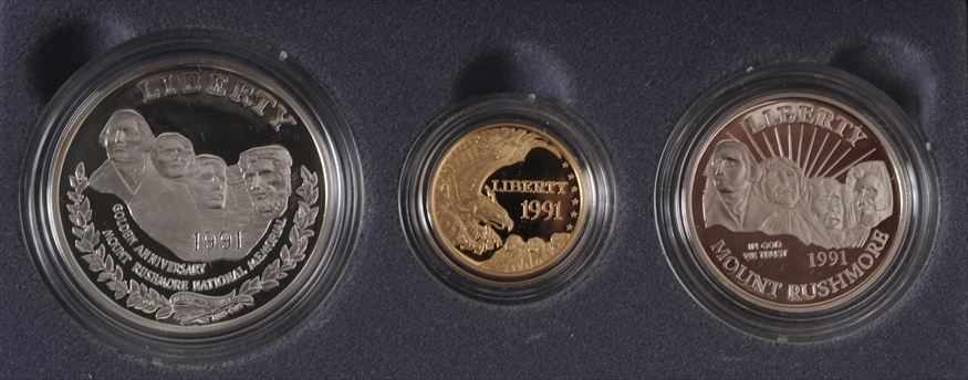 Appraisal: UNITED STATES MOUNT RUSHMORE THREE COIN PROOF SET As issued