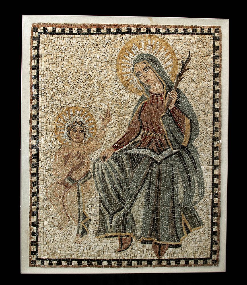 Appraisal: th C Byzantine Stone Mosaic w Mary Infant Jesus Ancient