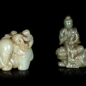 Appraisal: Two Chinese Celadon Jade Figural Groups the first showing two