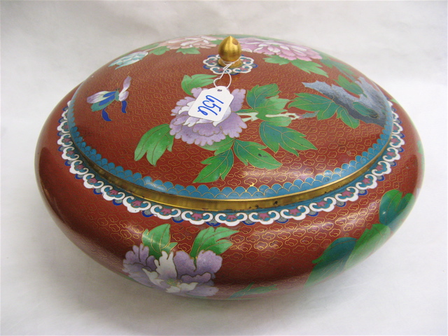 Appraisal: ROUND CLOISONNE ENAMELED COVERED BOWL with colorful flowers and butterflies