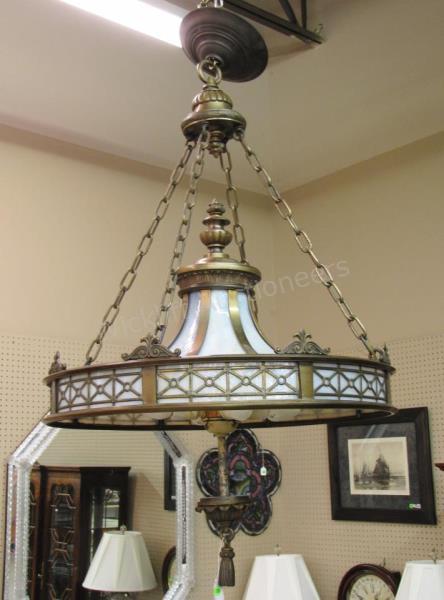 Appraisal: A transitional style slag glass and bronze chandelier th century