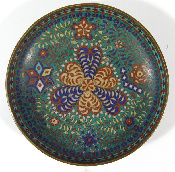 Appraisal: Oriental cloisonne brass dish enamelled with flowers onto a predominantly