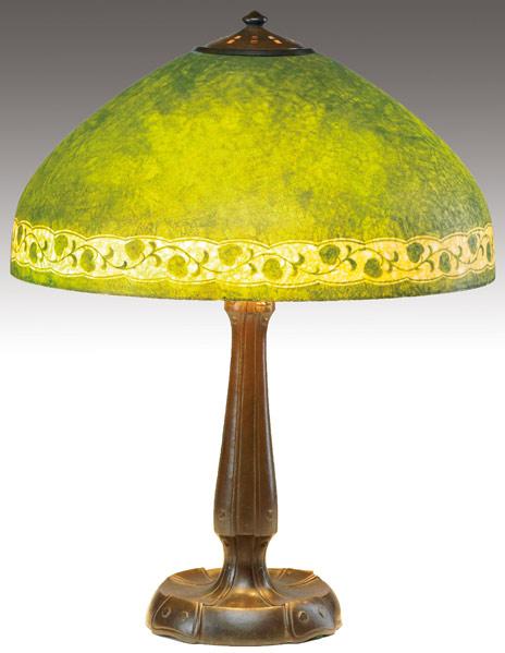 Appraisal: HANDEL Table lamp with chipped milk-glass shade obverse-painted with a