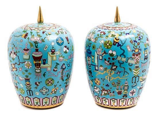 Appraisal: A Pair of Cloisonne Enamel Jars and Covers Height inches