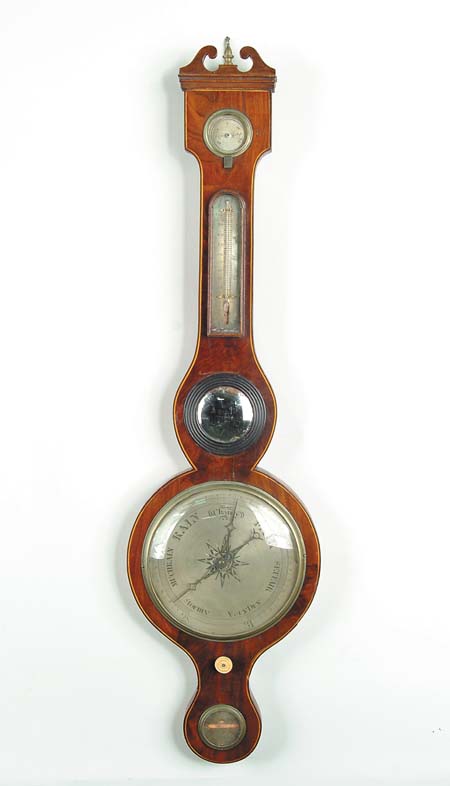 Appraisal: MAHOGANY INLAID BANJO BAROMETER Unsigned th Century Standard banjo form