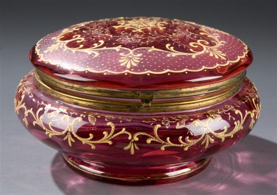 Appraisal: Moser style cranberry glass hinged jar th century Lid with