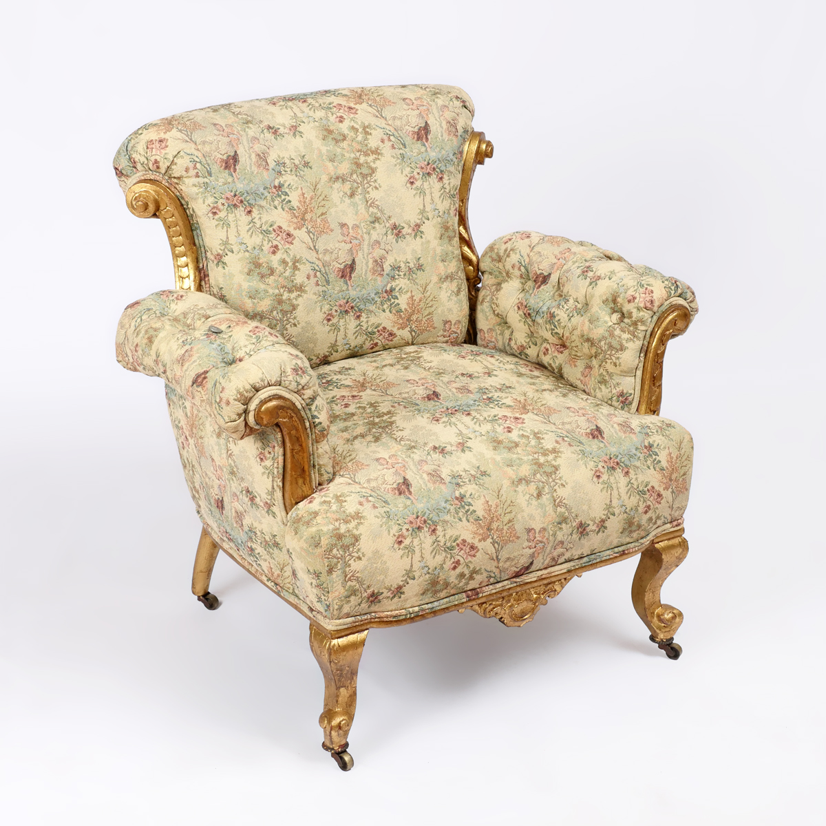 Appraisal: CARVED GILT ARMCHAIR French style carved Gilt framework upholstered in