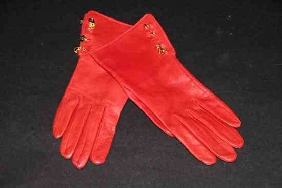 Appraisal: CHRISTIAN DIOR RED LEATHER GLOVES Gold-tone logo button closure