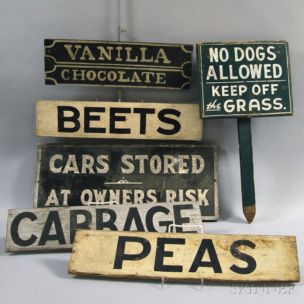 Appraisal: Six Painted Signs including two double-sided signs reading Peas Melons