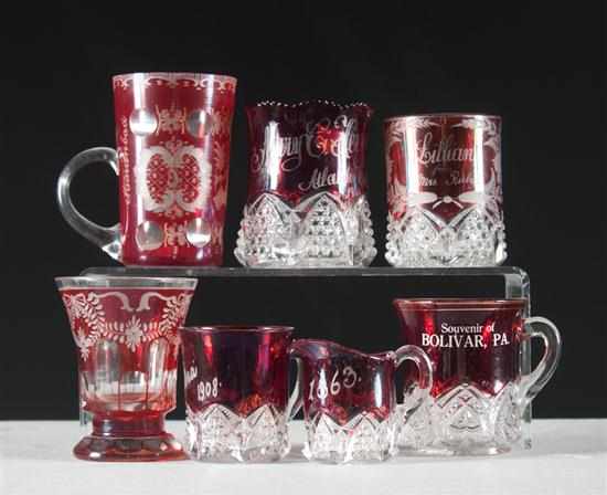 Appraisal: Three cranberry etched cut to clear souvenir cups two vases