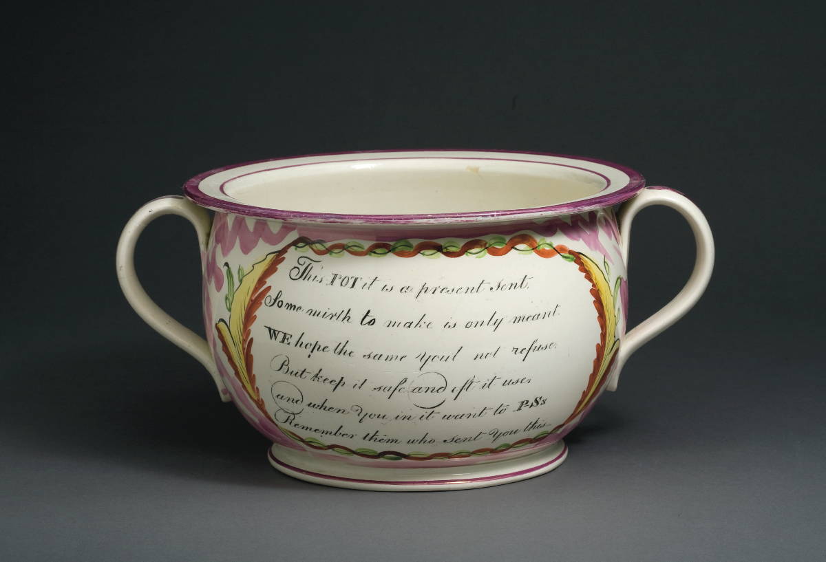 Appraisal: SUNDERLAND PINK LUSTRE AND ENAMEL-DECORATED HUMOROUS CHAMBER POT CIRCA -