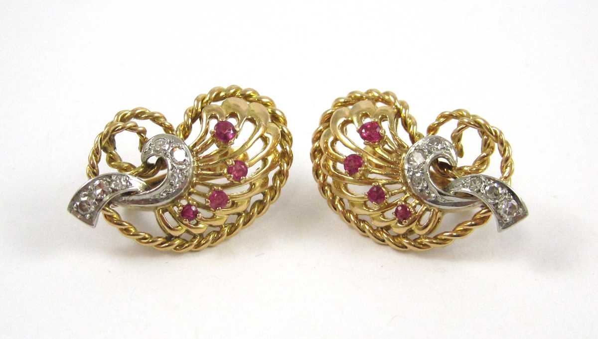 Appraisal: PAIR OF RUBY AND DIAMOND EARRINGS each k yellow and