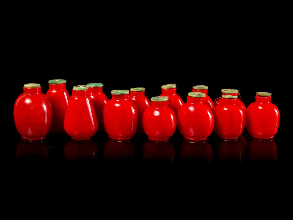 Appraisal: Thirteen Chinese Red Glass Snuff Bottles Tallest height in cm