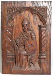 Appraisal: Carved Wood Plaque of a Seated Knight H X W