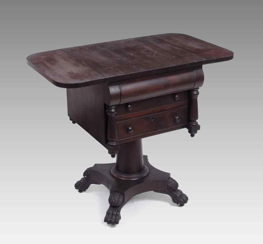 Appraisal: TH CENTURY MAHOGANY HAIRY PAW WORK STAND Mahogany drop leaf