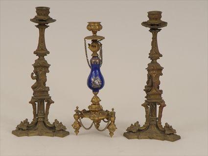 Appraisal: Pair of Renaissance-Style Gilt-Metal Candlesticks Together with a gilt-metal and