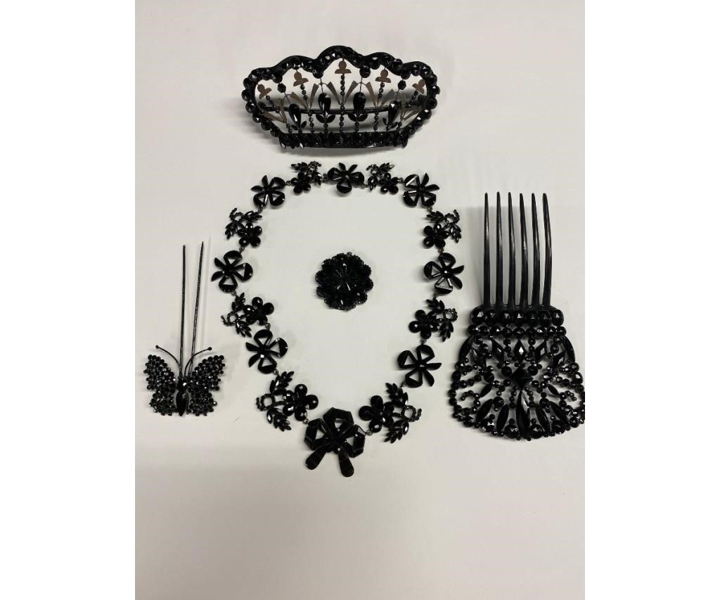 Appraisal: An array of black Vauxhall glass jewelry to include a