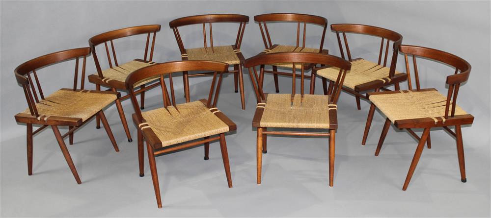 Appraisal: GEORGE NAKASHIMA SET OF EIGHT BLACK WALNUT GRASS-SEATED CHAIRS original