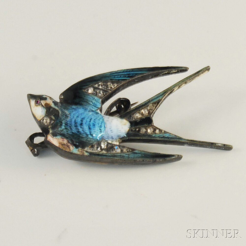 Appraisal: Enamel and Paste Trembling Swallow Pin the bird with blue