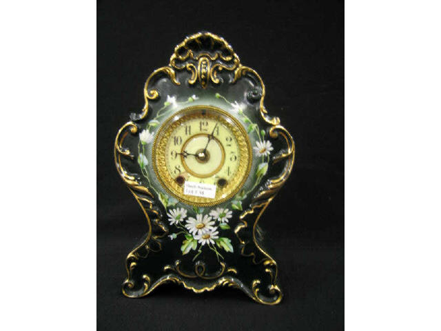 Appraisal: Victorian Porcelain Cased Mantle Clock floral on deep green newer