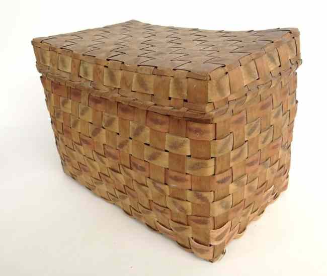 Appraisal: th c Mohegan ash splint decorated basket '' Length ''