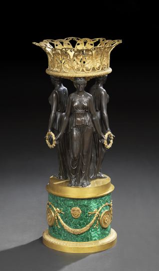 Appraisal: Large French Bronze and Malachite Figural Centerpiece Basket composed of