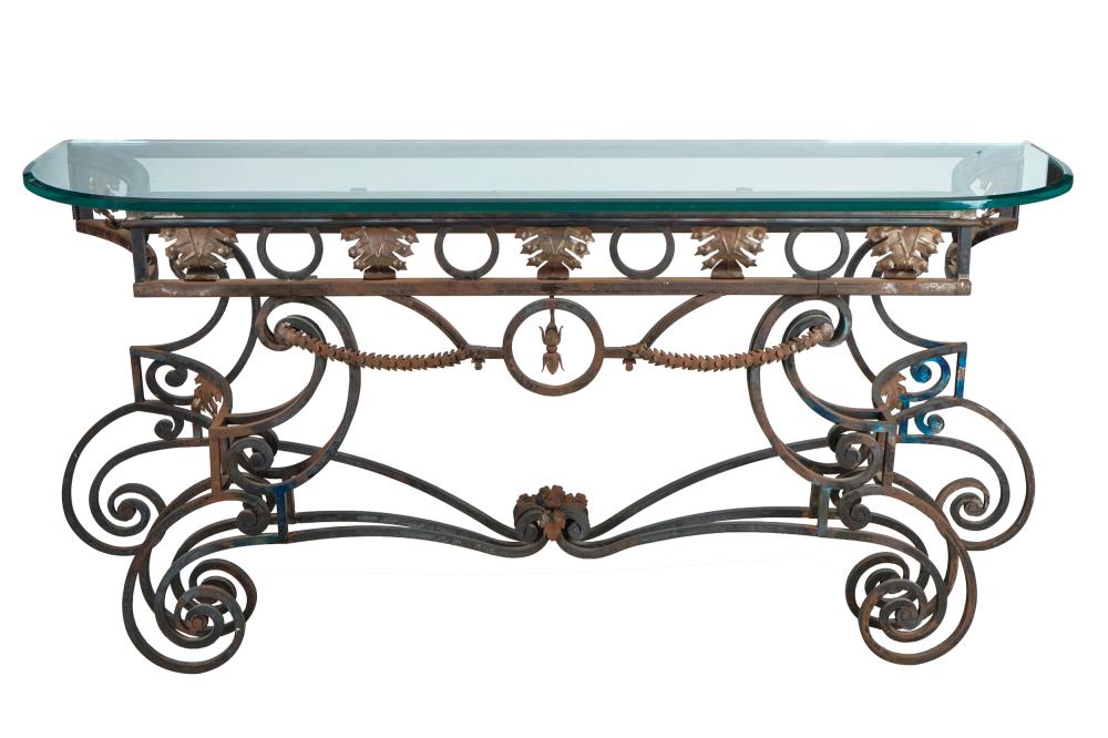 Appraisal: GLASS TOP WROUGHT IRON CONSOLECondition console base with rust patination